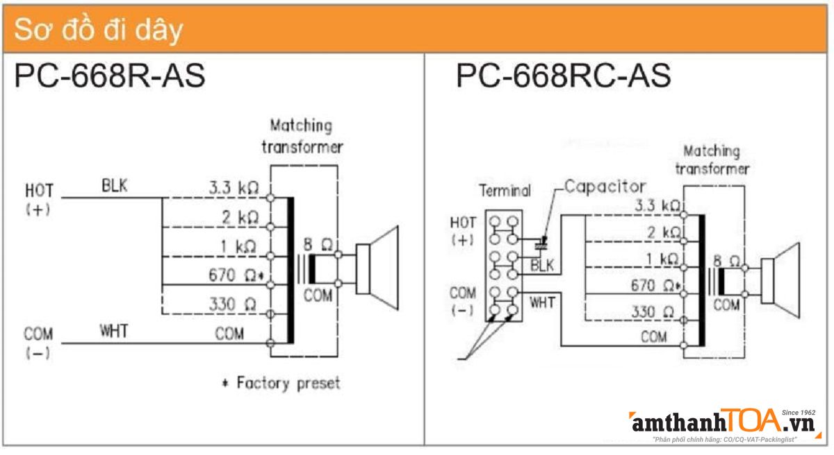 Sơ đồ đi dây loa âm trần 15W PC-668R-AS và PC-668RC-AS