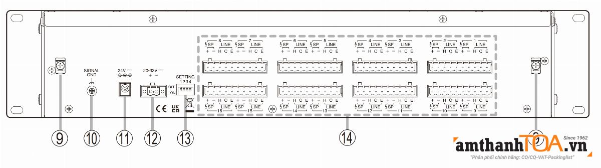 Mặt sau bộ theo dõi đường dây 16 kênh TOA MP-16 Mặt sau bộ theo dõi đường dây 16 kênh TOA MP-16